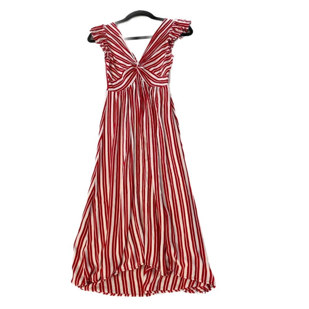 Red and white short- sleeve striped midi dress